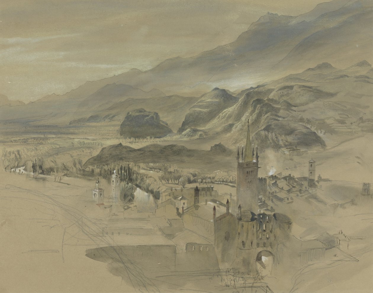 d Pohled na Sion, Valais, ze zámku Valere, kolem roku 1863 (wc und bodycolour přes grafit na papíře) od John Ruskin