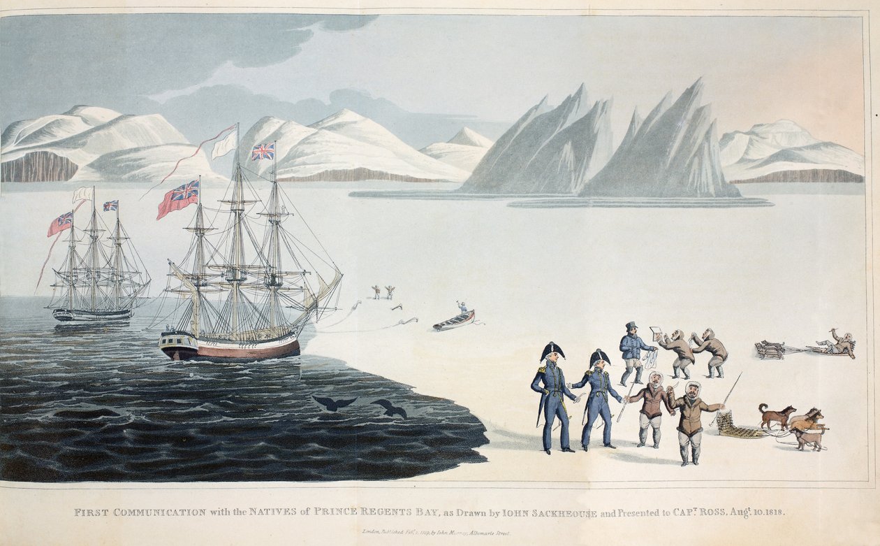 První komunikace s domorodci z Regents Bay dne 10. srpna 1818, ilustrace z A Voyage of Discovery..., 1819 barevné litho od John Sackhouse