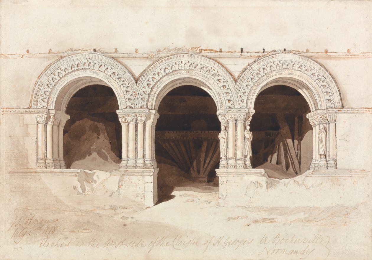 Oblouky na západní straně ambitu svatého. Georges de Boscherville, poblíž Rouen, Normandie od John Sell Cotman