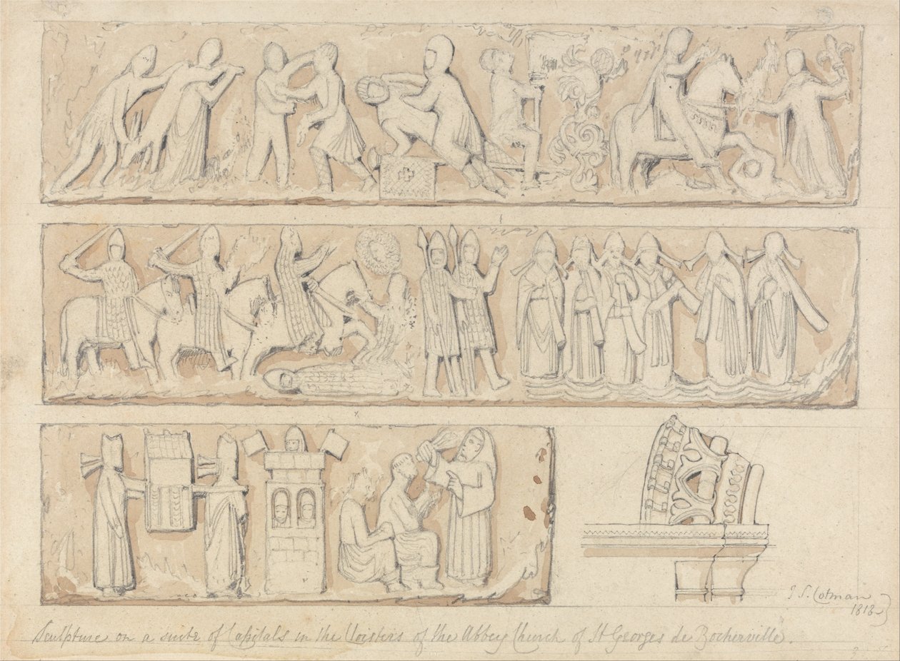 Socha na Suite of Capitals v ambitech opatského kostela Saint Georges de Boscherville ... od John Sell Cotman