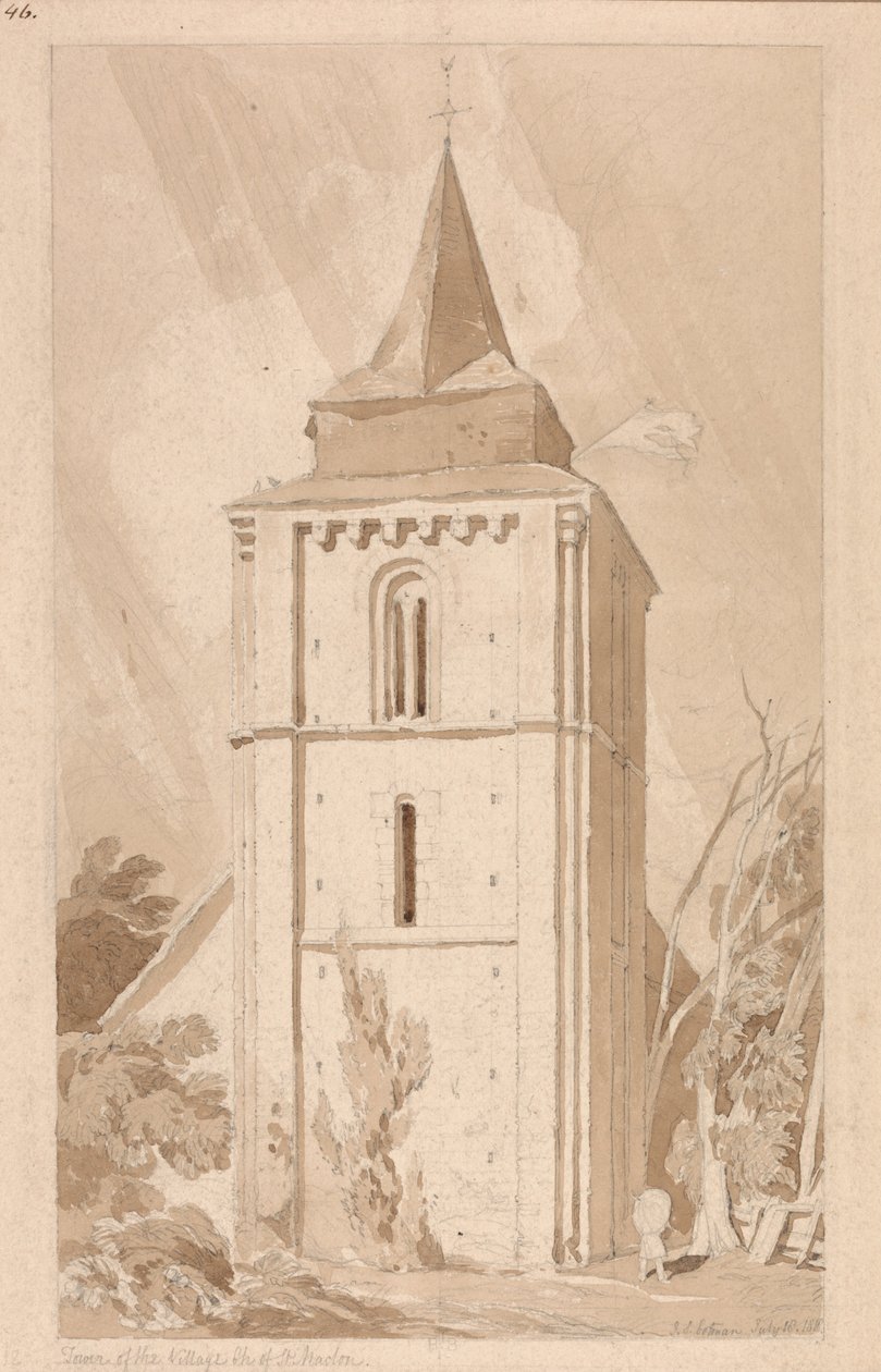 Věž vesnického kostela v Saint Maclou, Normandie od John Sell Cotman