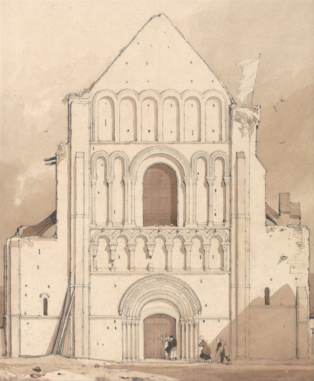 Západní fronta kostela Ouistreham (Ouistreham), poblíž Caen, Normandie od John Sell Cotman