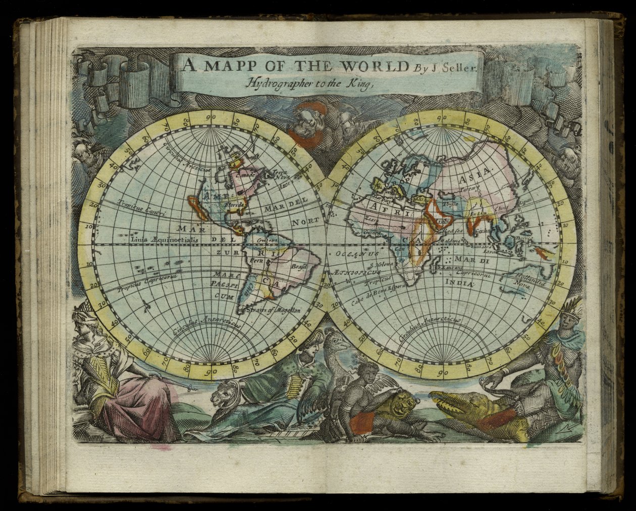 Mapa světa z Atlas maritimus od Johna Sellera, 1682 (ručně kolorovaná rytina) od John Seller