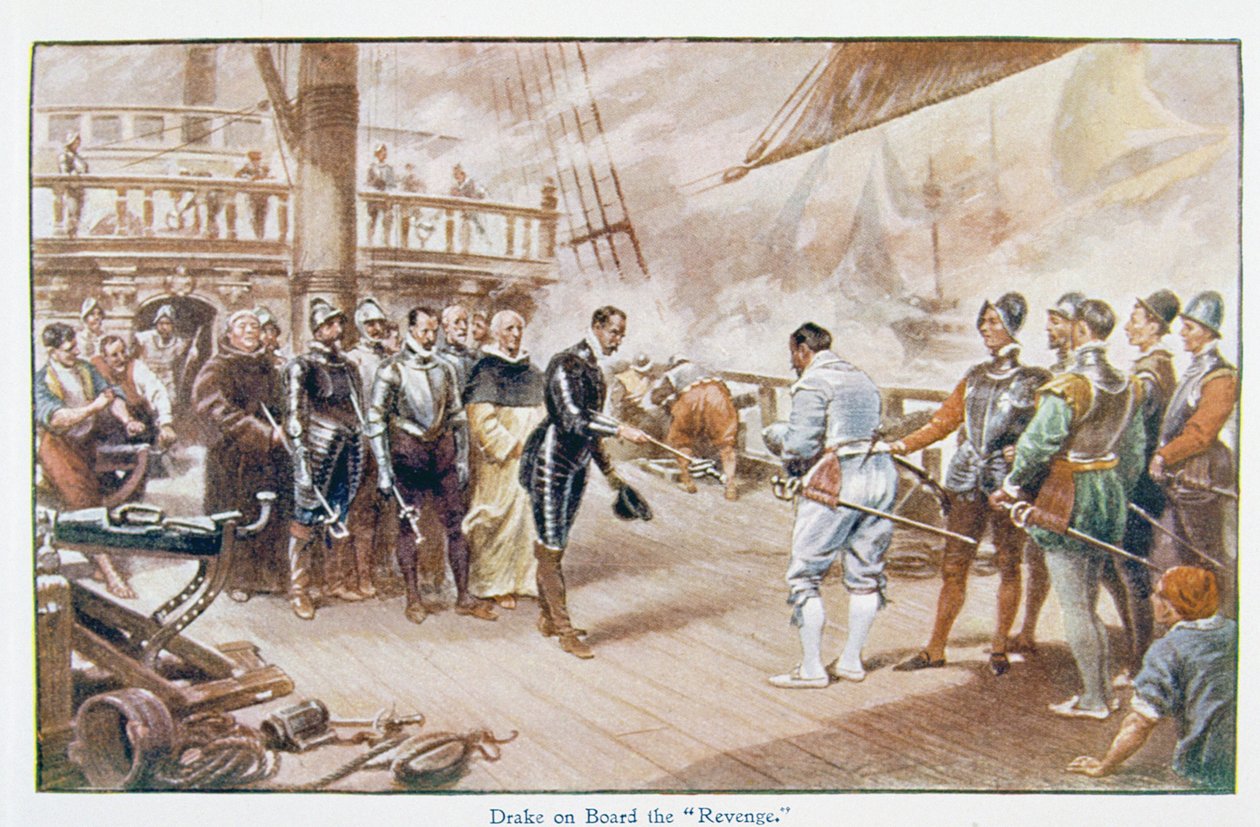 Sir Francis Drake (asi 1540-96) na palubě lodi "Revenge", ilustrace z knihy "Lives of Great Men Told by Great Men", kterou vydal Richard Wilson, asi 20. léta 20. století. od John Seymour Lucas