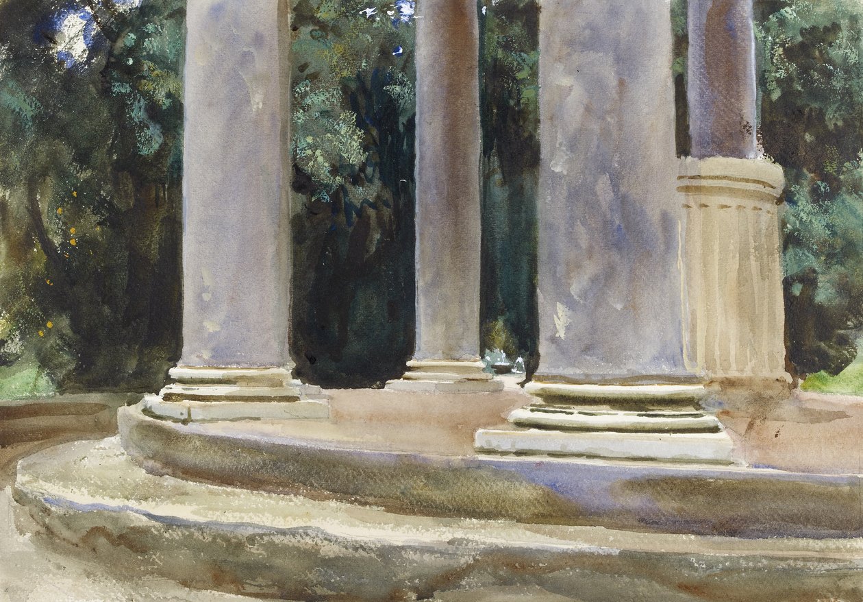 Pohled mezi sloupy tempietta (akvarel a doteky tělové barvy přes náznaky v grafitu na hrubém papíře) od John Singer Sargent