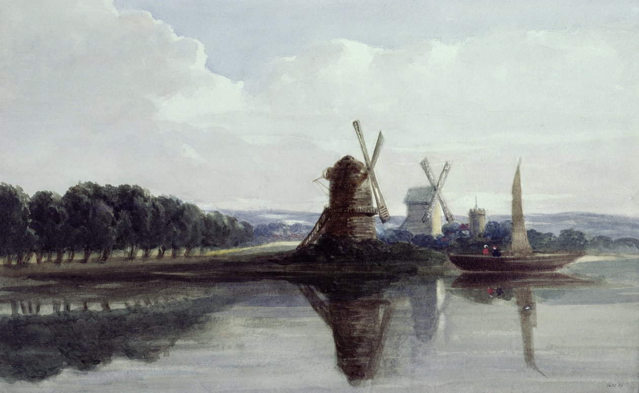 Větrné mlýny u řeky, 19. století (akvarel) od John Smeaton Chase