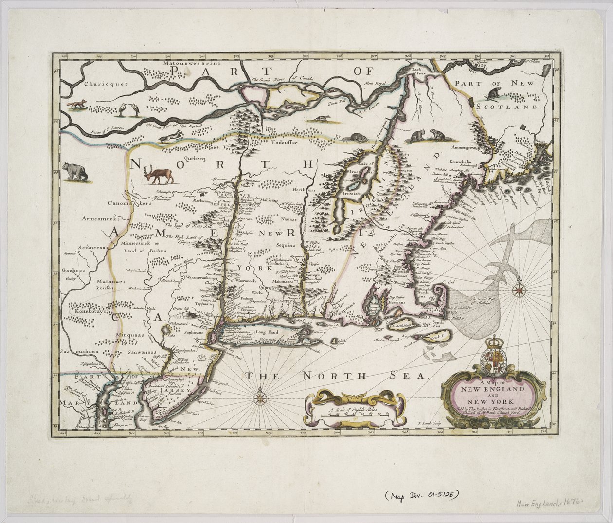 Mapa Nové Anglie a New Yorku z knihy Johna Speeda Theatre of the Empire of Great Britain, 1676 (barevný tisk) od John Speed