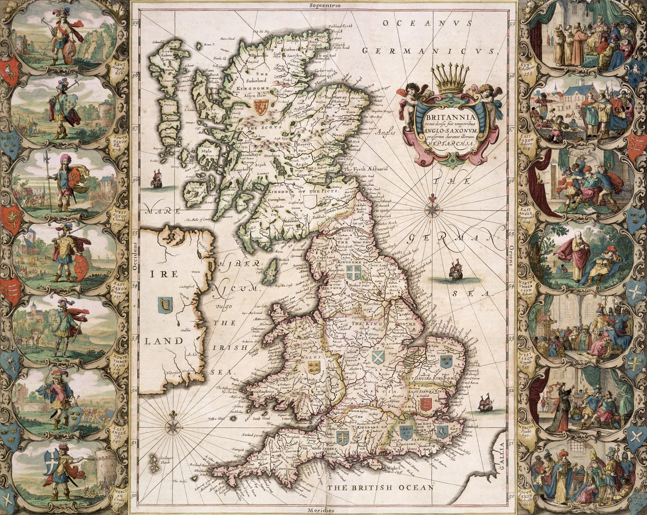 Británie, jak byla rozhodnuta v době anglických Sasů, 1616 (barevná rytina) od John Speed