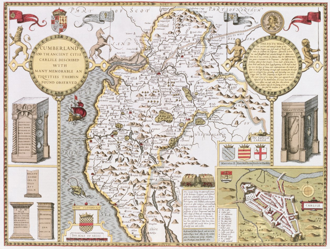 Cumberland and the Ancient City of Carlile, vyrytý Jodocus Hondius (1563-1612) z John Speed