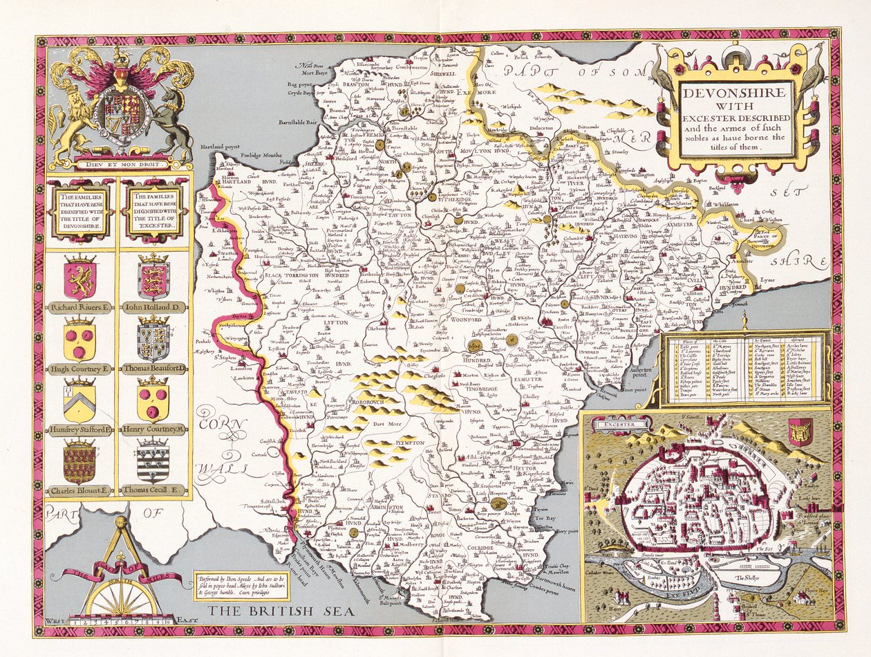 Devonshire, vyryl Jodocus Hondius (1563-1612) z knihy Johna Speeda Theatre of the Empire of Great Britain, kterou vydali John Sudbury a George Humble, 1611-12 (ručně kolorovaná mědirytina) od John Speed