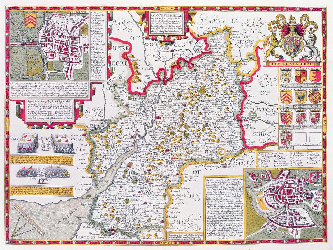 Gloucestershire, vyryl Jodocus Hondius (1563-1612) z John Speed