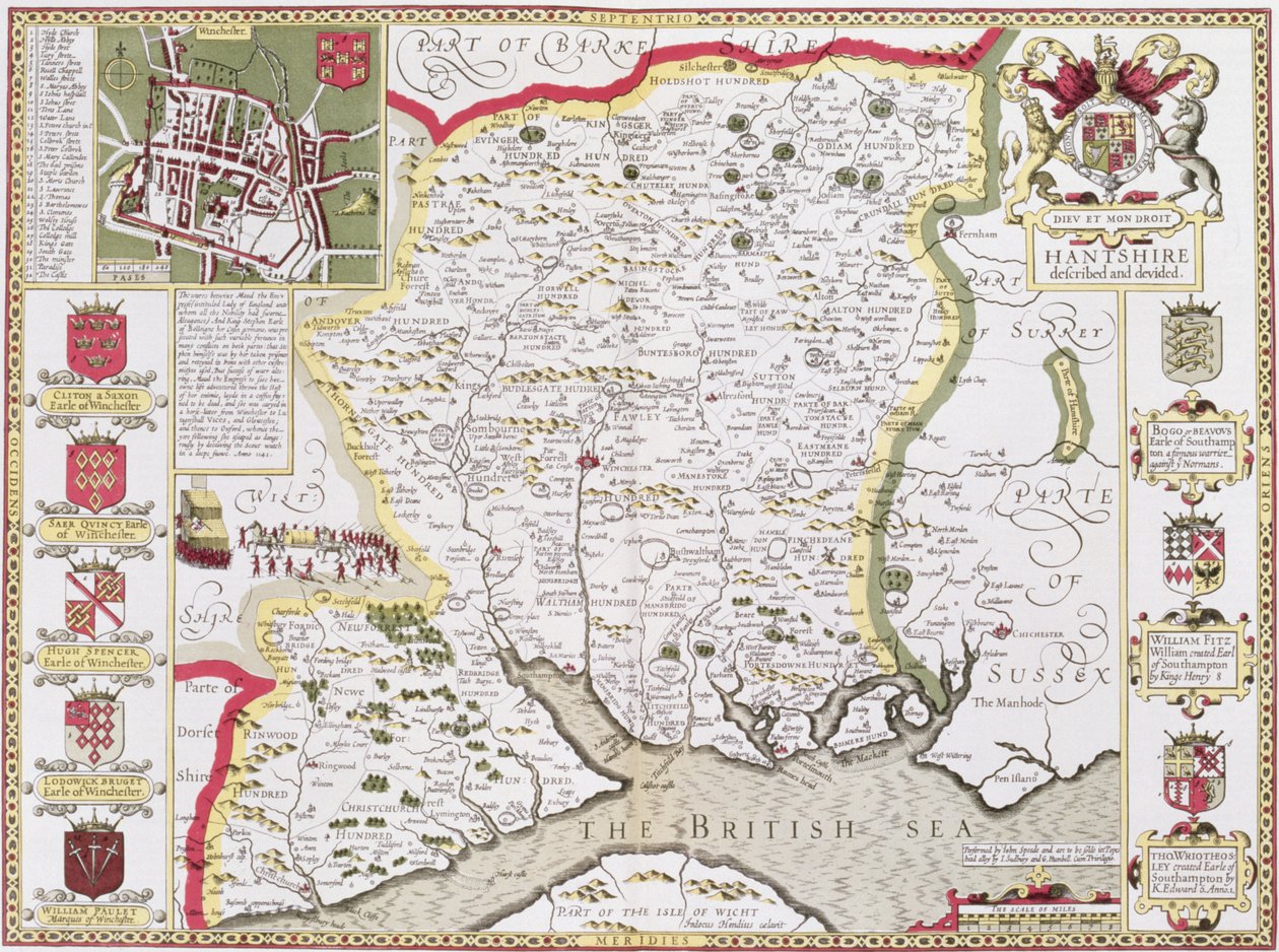 Hantshire, vyryl Jodocus Hondius (1563-1612) z John Speed
