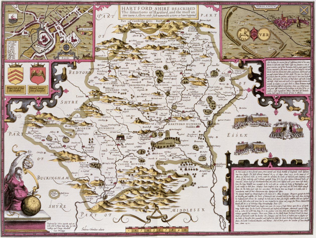 Hartfordshire a situace Hartfordu, vyrytý Jodocem Hondiem (1563-1612) z Johna Speeda 