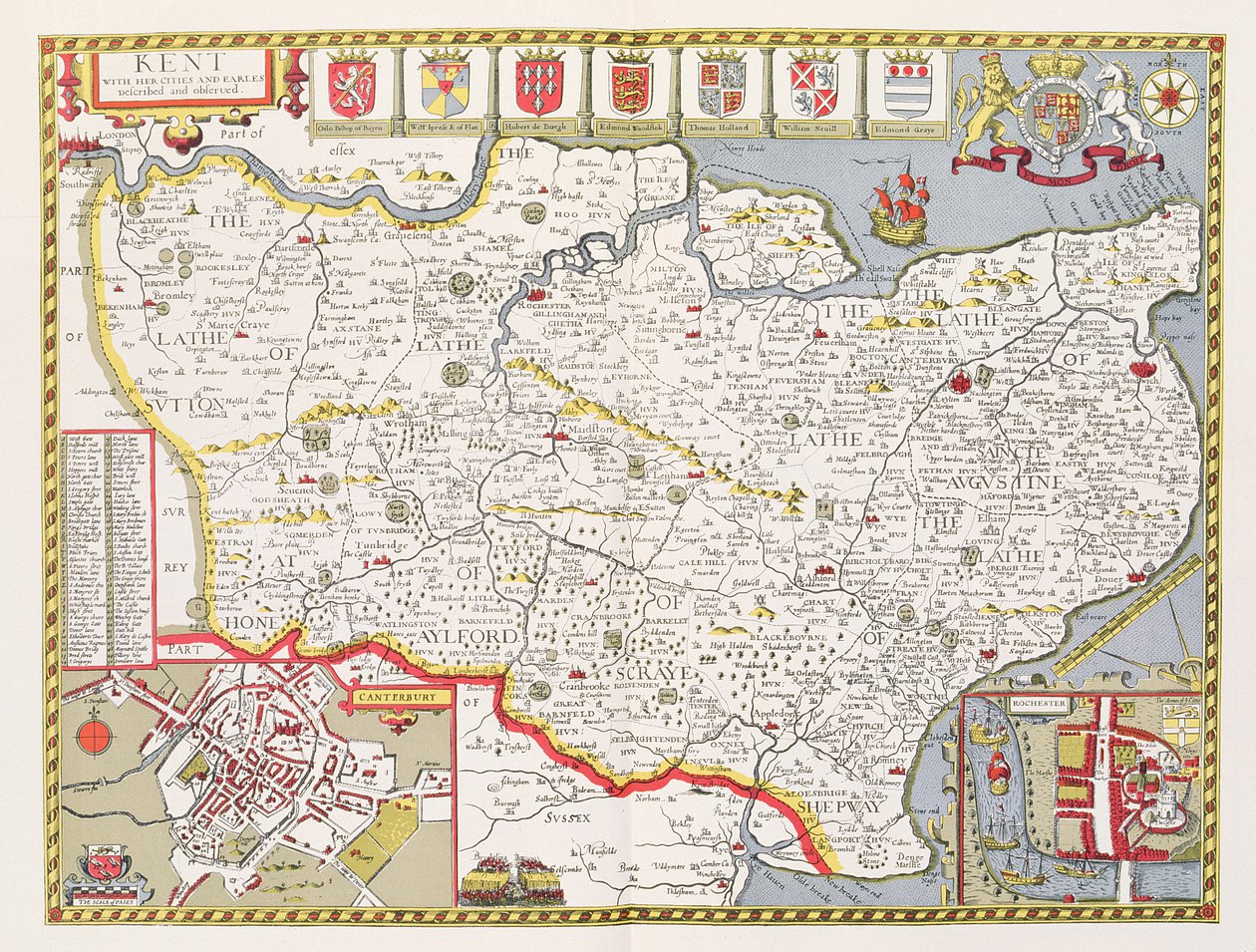 Kent, vyryl Jodocus Hondius (1563-1612) z knihy Johna Speeda Theatre of the Empire of Great Britain, vyd. John Sudbury a George Humble, 1611-12 (ručně kolorovaná mědirytina) od John Speed