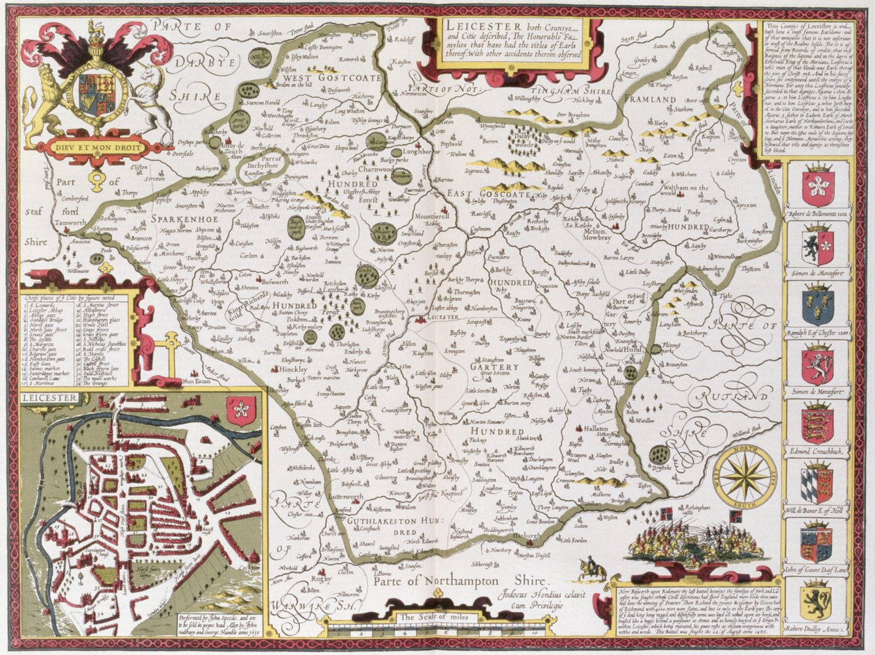 Leicester, vyryl Jodocus Hondius (1563-1612) z knihy Johna Speeda "Theatre of the Empire of Great Britain", vyd. John Sudbury a George Humble, 1611-12 (ručně kolorovaná mědirytina) od John Speed