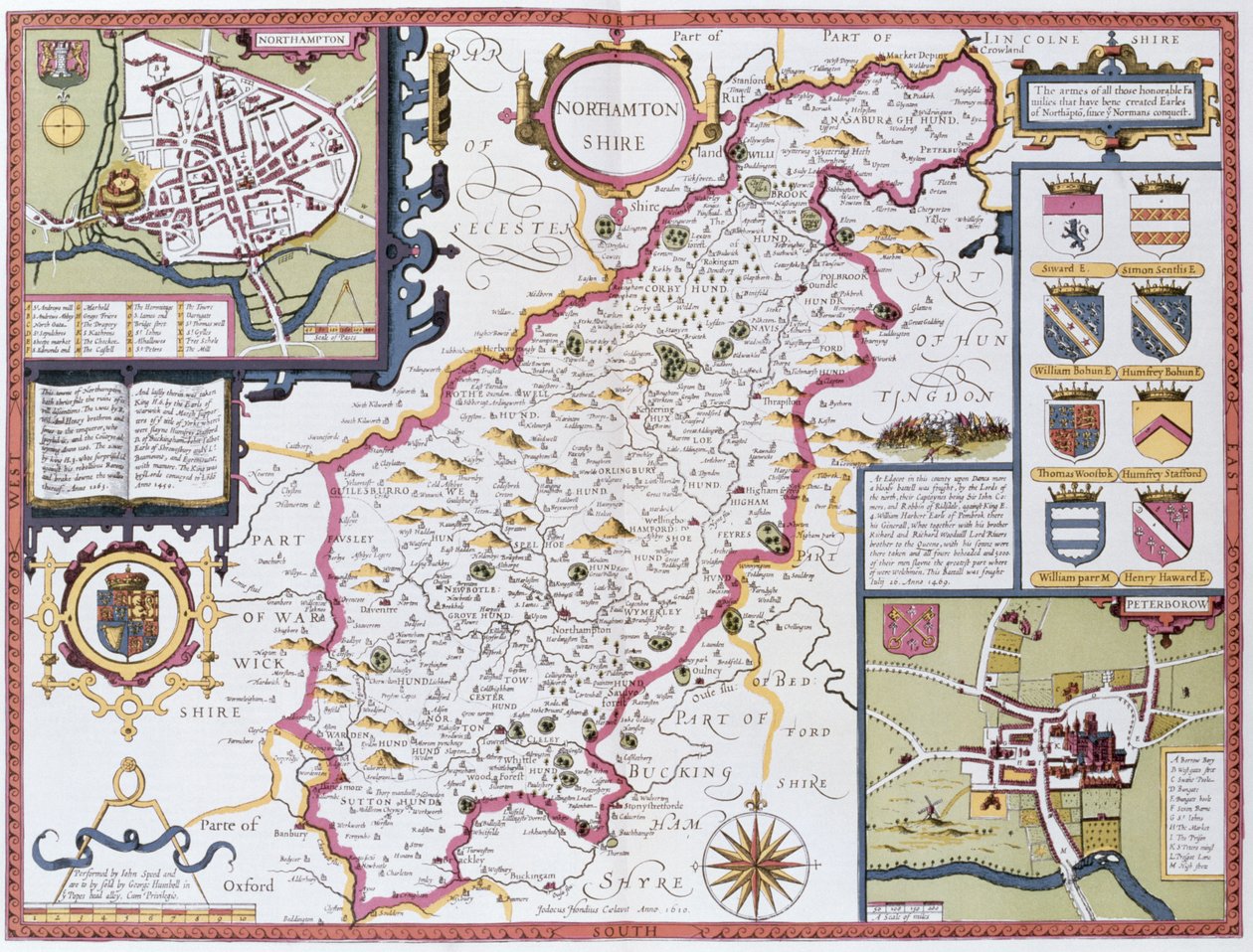 Northamptonshire, vyryl Jodocus Hondius (1563-1612) z Johna Speeda 