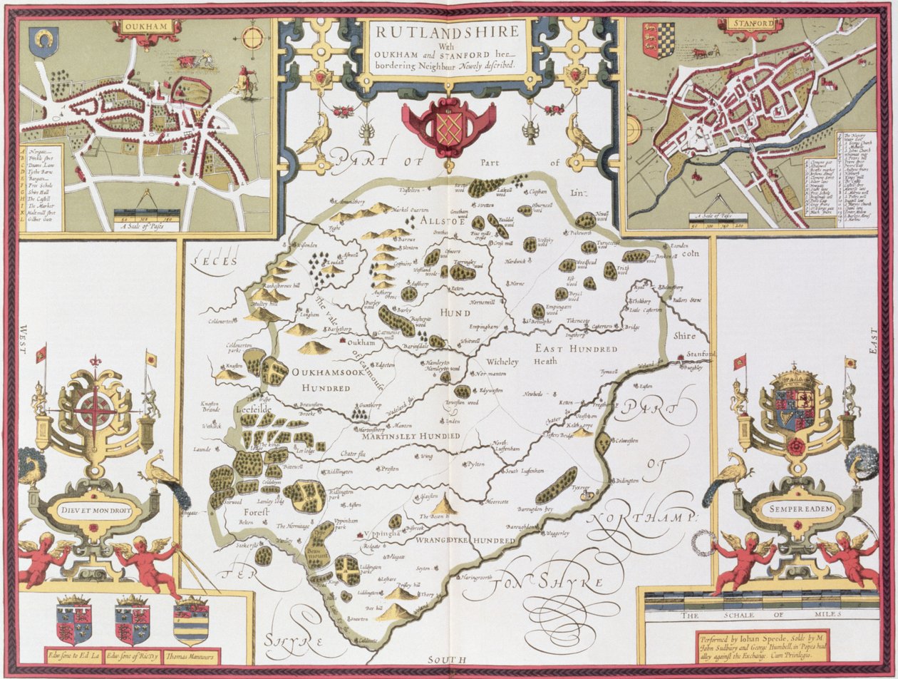 Rutlandshire s Oukhamem a Stanfordem, vyrytý Jodocem Hondiem (1563-1612) z Johna Speeda 