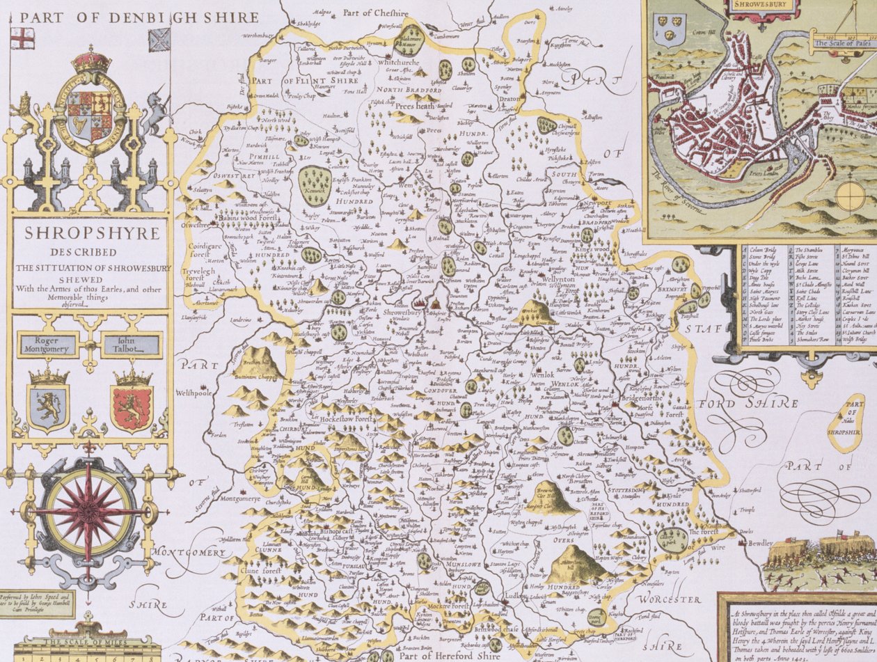 Shropshyre, vyryl Jodocus Hondius (1563-1612) z John Speed