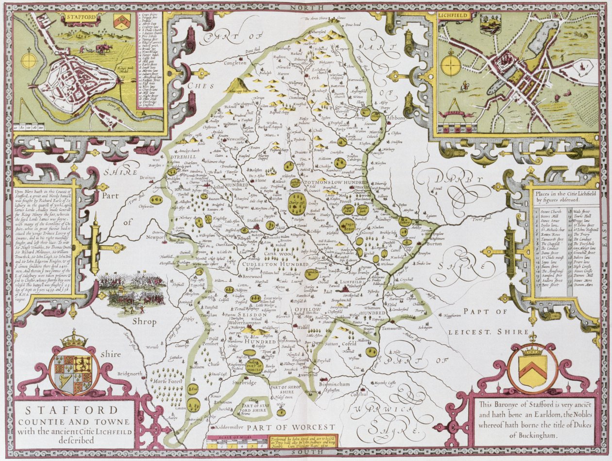 Stafford County and Town, rytý Jodocus Hondius (1563-1612) z Johna Speeda 