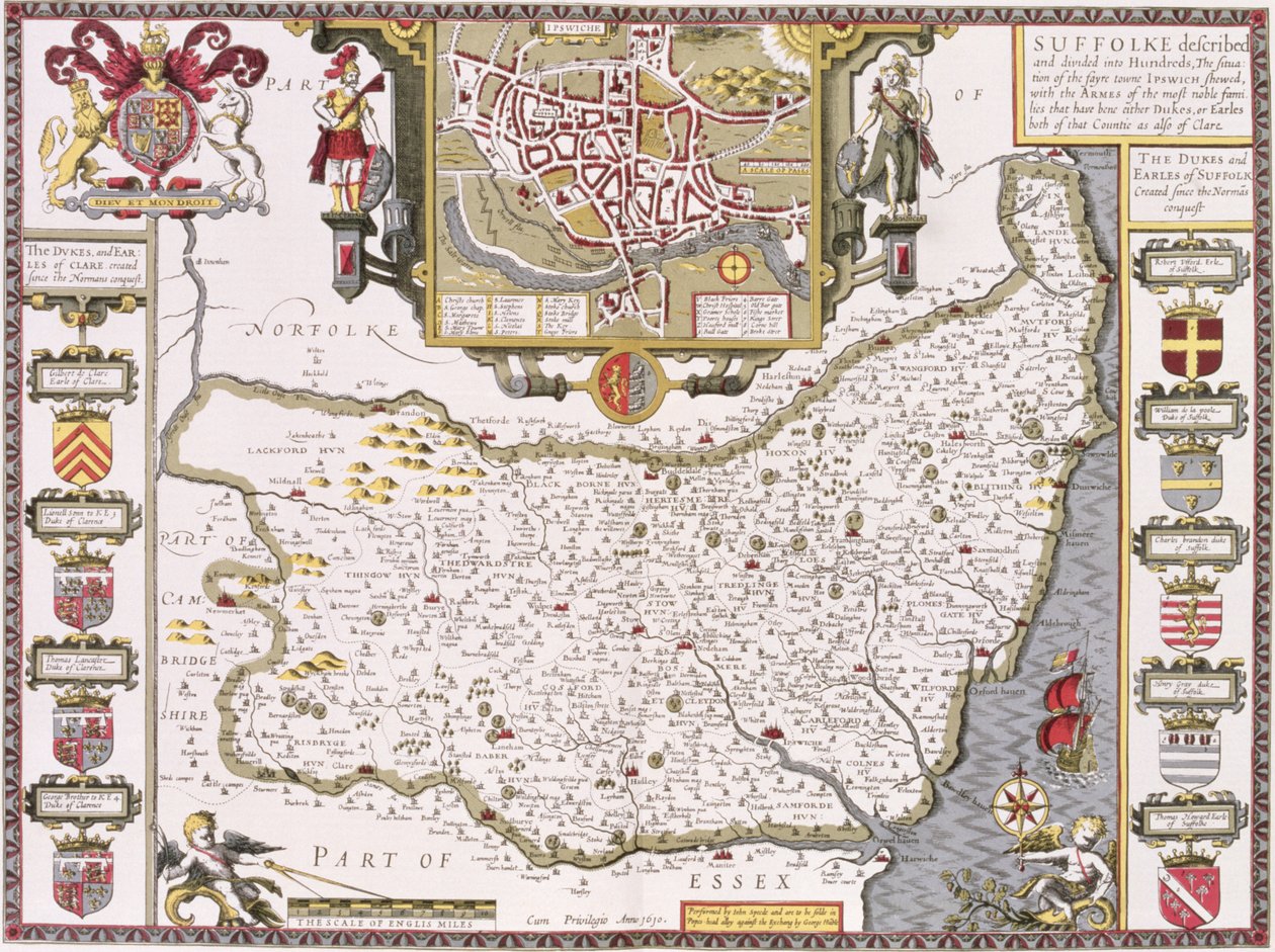 Suffolk a situace Ipswiche, vyrytý Jodocem Hondiem (1563-1612) z Johna Speeda 