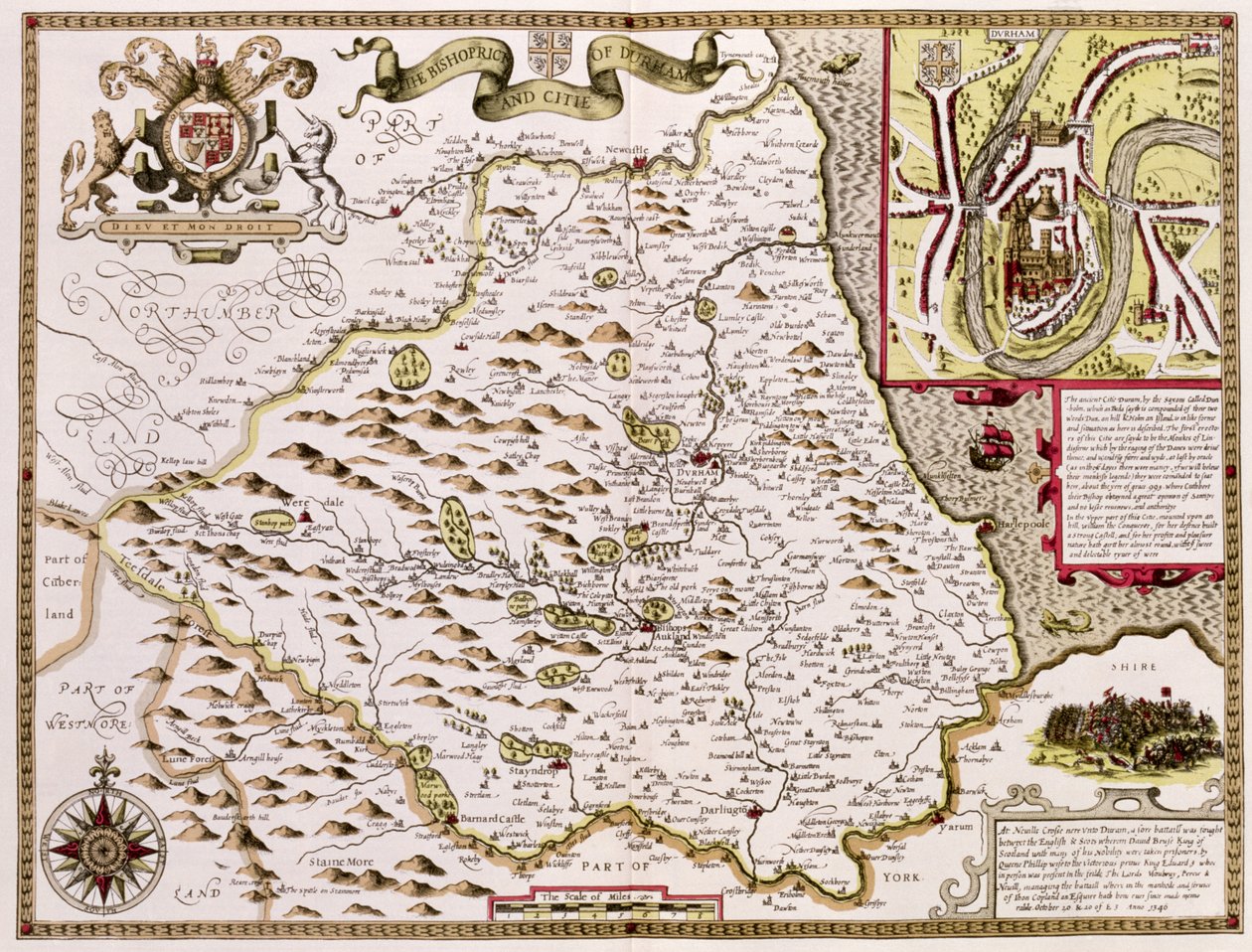 The Bishoprick and City of Durham, vyrytý Jodocem Hondiem (1563-1612) z John Speed