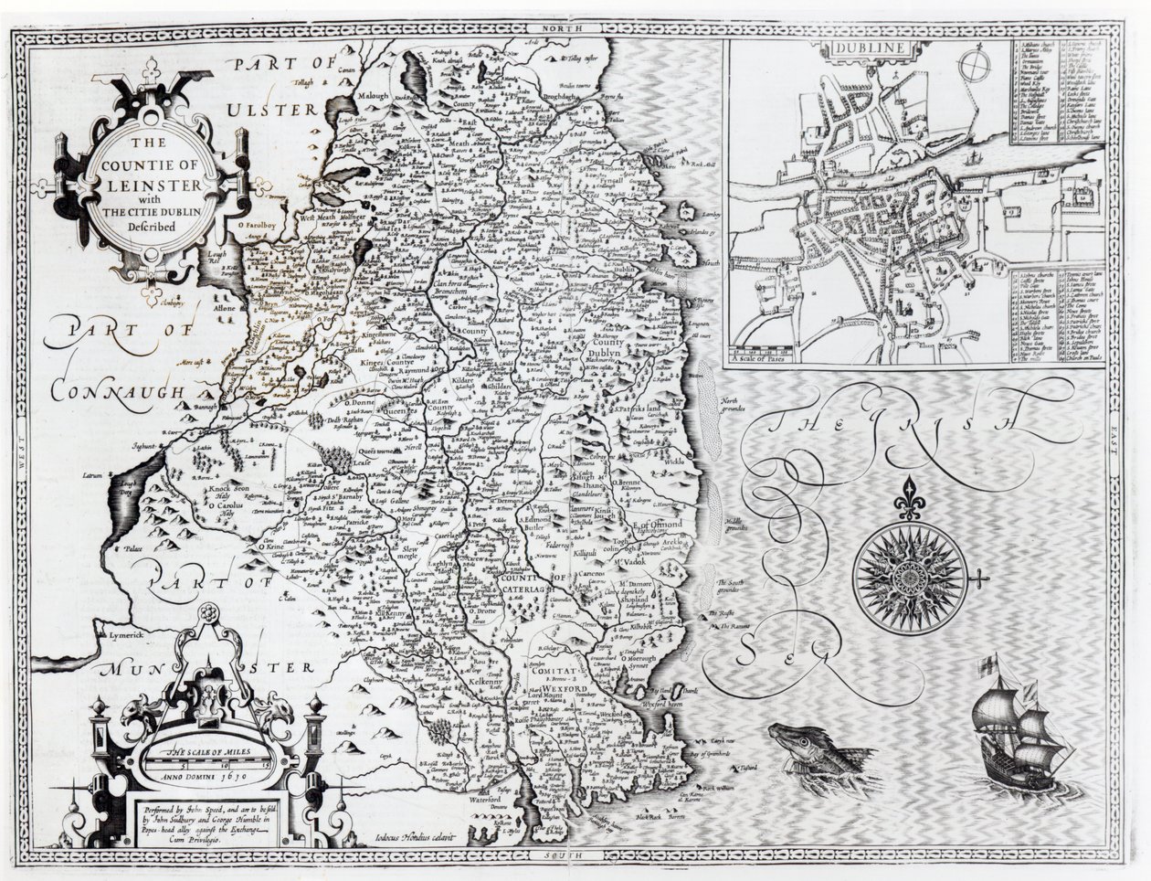 The County of Leinster with the City of Dublin Described, vyryl Jodocus Hondius (1563-1612), z publikace "Theatre of the Empire of Great Britain", kterou vydali John Sudbury a George Humble, 1611-12 (engra od John Speed