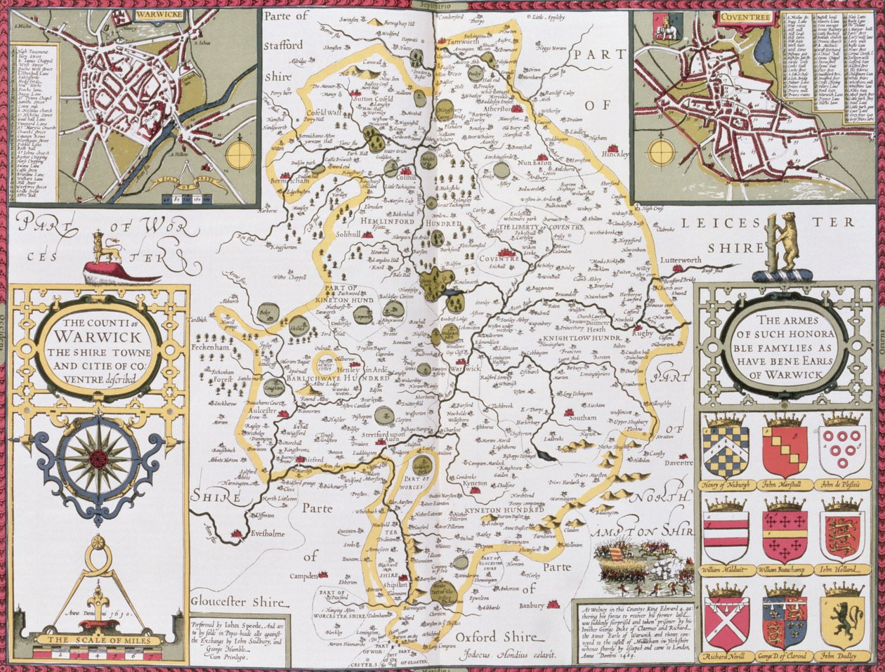 Hrabství Warwick, Shire Town a město Coventry, vyryté Jodocem Hondiem (1563-1612) z 