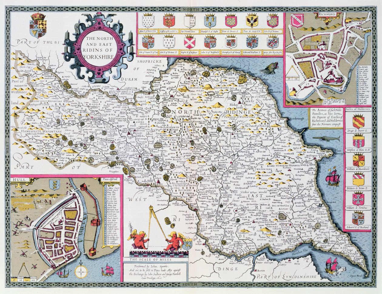Severní a východní hřebeny Yorkshiru, rytina Jodokuse Hondiuse (1563-1612) z knihy Johna Speeda "Theatre of the Empire of Great Britain", vydaná Johnem Sudburym a Georgem Humblem, 1611-12 (ručně kolorovaná). od John Speed