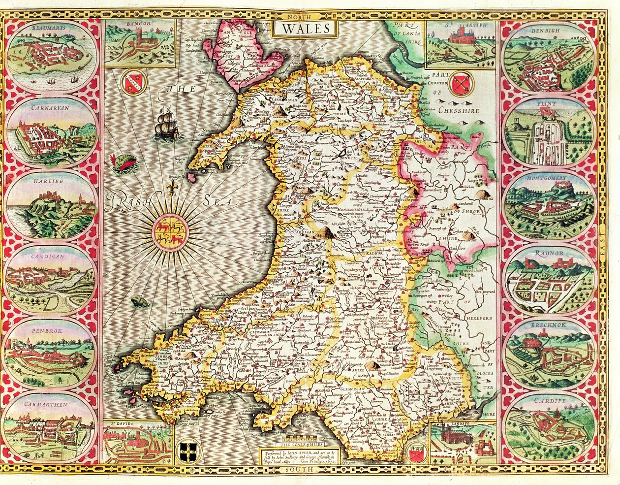 Wales, vyryl Jodocus Hondius (1563-1612) z knihy Johna Speeda "Theatre of the Empire of Great Britain", kterou vydali John Sudbury a George Humble, 1611-12 (ručně kolorovaná mědirytina) od John Speed