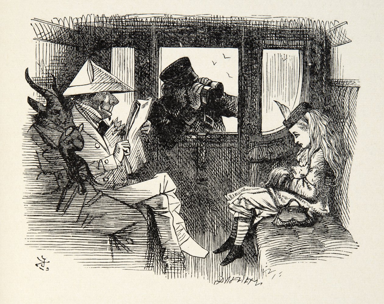 Alice in the Train Carriage, ilustrace z filmu Through the Looking Glass od Lewise Carrolla (1832 - 98), 1872 od John Tenniel