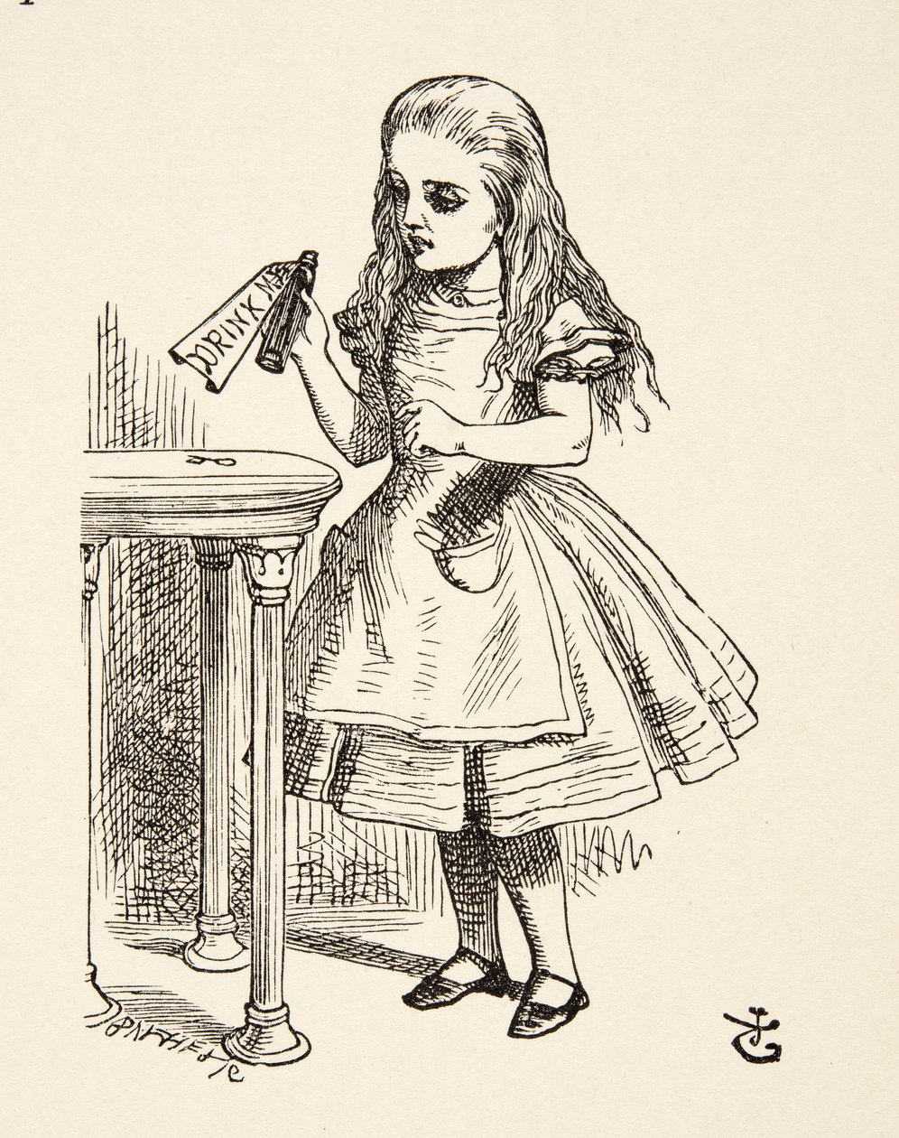 Alenka se dívá na láhev Drink Me, z knihy Alenčina dobrodružství v říši divů od Lewise Carrolla (1832 - 98), vyd. 1891 od John Tenniel
