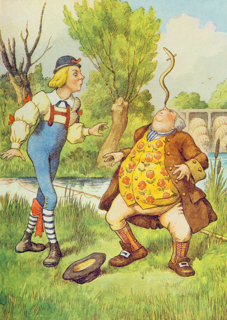 Otec William balancuje s úhořem na nose, ilustrace z „Alenky v říši divů“ od Lewise Carrolla (1832-9) od John Tenniel