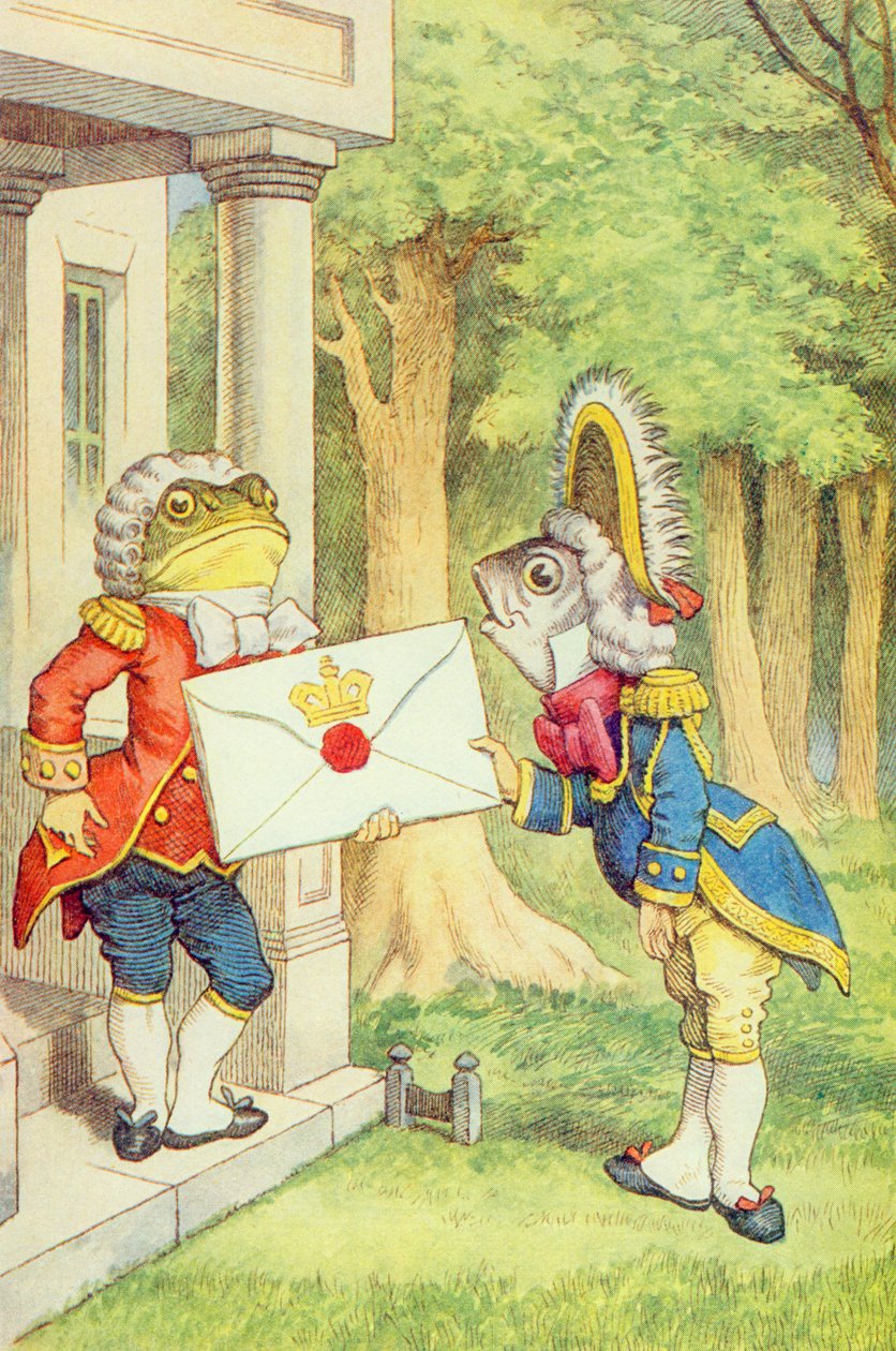 Rybí pěšák přinášející pozvání vévodkyni, ilustrace z „Alenky v říši divů“ od Lewise Carrolla (1832-9) od John Tenniel