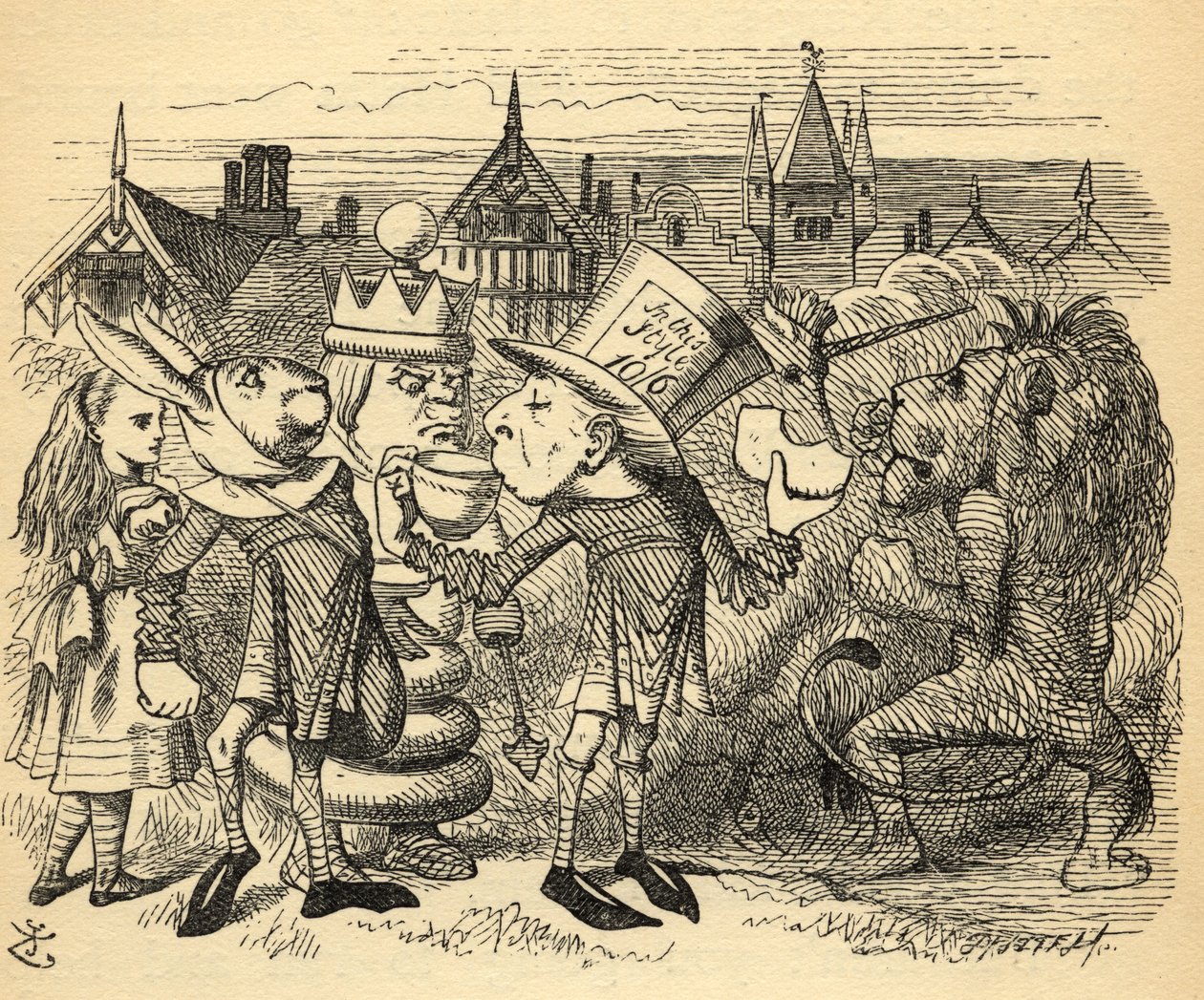 Šílený kloboučník, zajíc, král a Alice, ilustrace z filmu „Through the Looking Glass“ od Lewise Carrolla (1832-98), poprvé vydaná v roce 1871 od John Tenniel