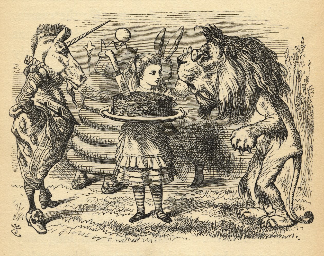 Sdílení dortu mezi lvem a jednorožcem, ilustrace z 