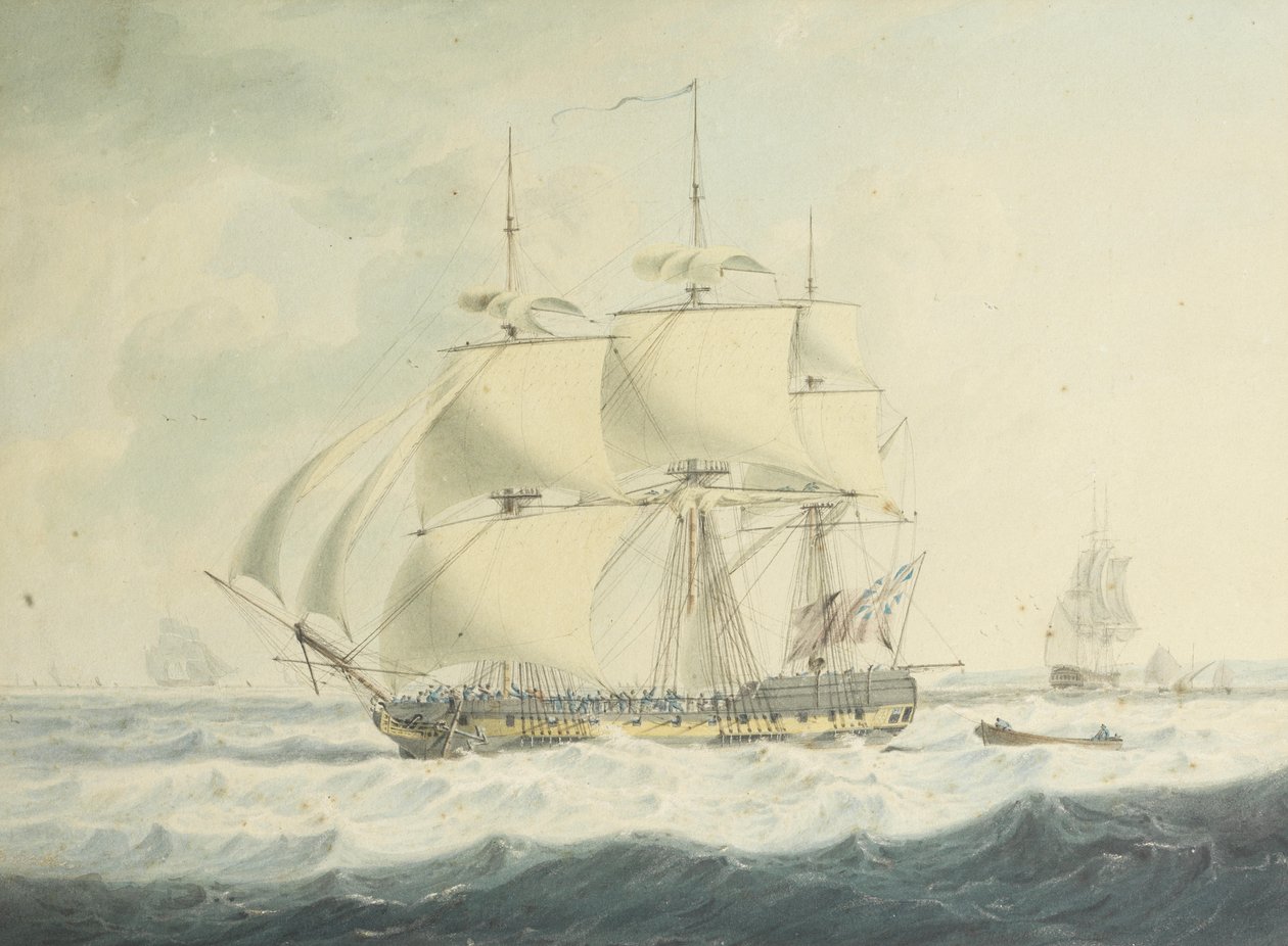 H.M.S. To běží dolů kanálem za snížené plachty v trhaných podmínkách, s jinou lodní dopravou poblíž od John Thomas Serres