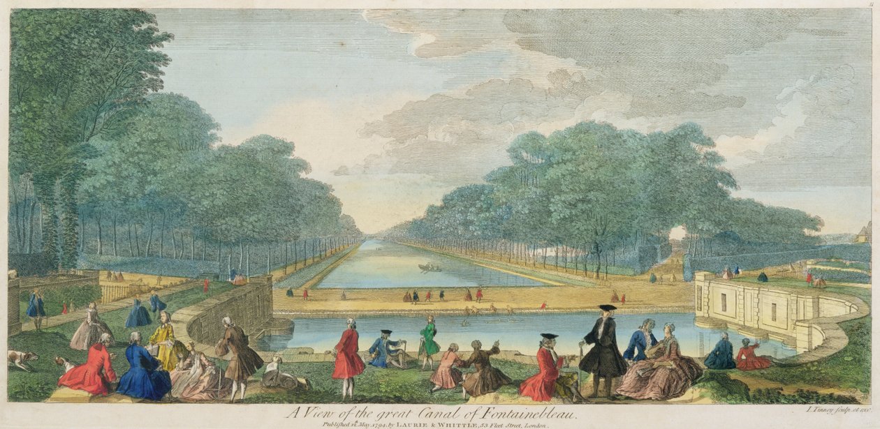 Pohled na velký kanál Fontainebleau, publikoval 1794 (barevná rytina) od John Tinney