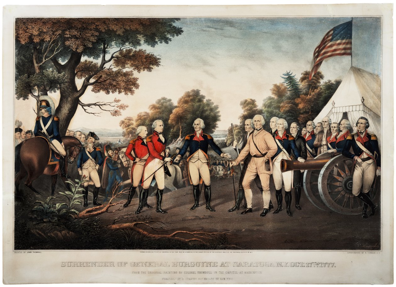 Kapitulace generála Burgoyna v Saratoze N.Y. 17. října 1777 v New Yorku, tisk vytvořil Nathaniel Currier, 1852 od John Trumbull