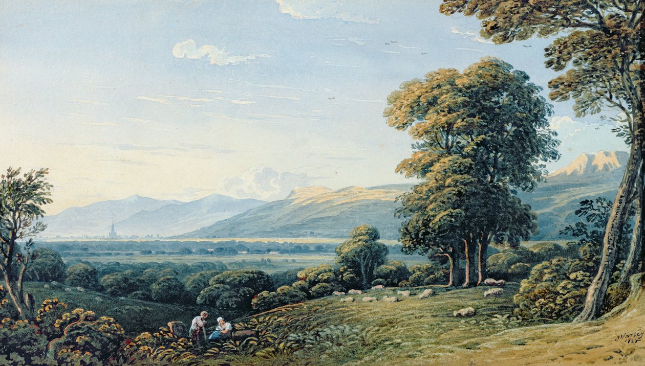 Postavy spočívající na svahu s kostelní věží, 1825 od John Varley