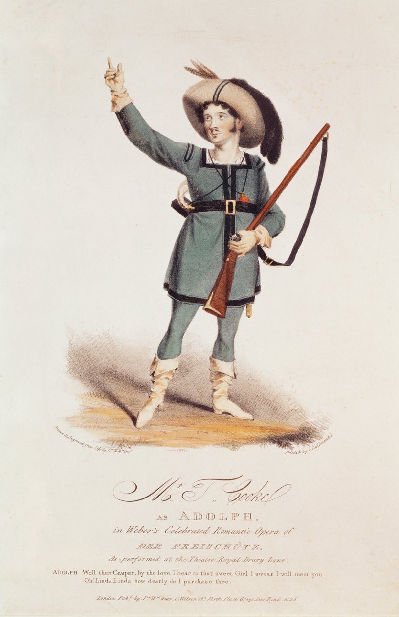 Thomas Simpson Cooke (1782-1848) jako Adolph ve Weberově „Der Freischutz“, 1825 (barevné lito) od John W. Gear
