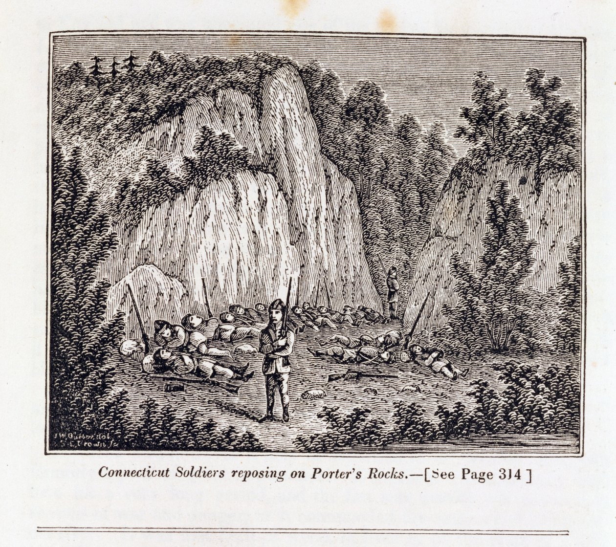 Connecticut Soldiers odpočívající na Porterově skále před útokem na Pequot Fort, z „Connecticut Historical Collections“, od Johna Warnera Barbera, vyryto S.E. Brown, 1856 od John Warner Barber