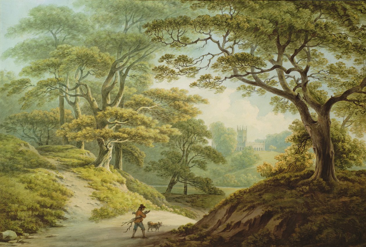 Hrad Auckland, Co. Durham – Pohled přes řeku Gaunless, s kaplí biskupa Cosina (akvarel na papíře) od John Warwick Smith
