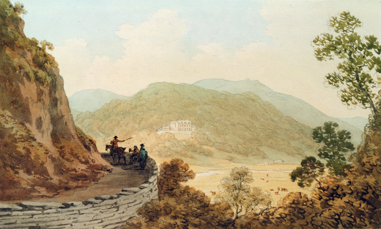 Tan y Bwlch, 1793 (pero a inkoust s wc na papíře) od John Warwick Smith