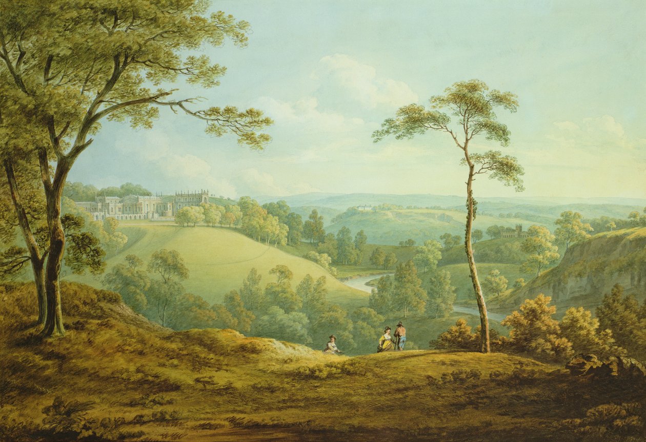 Biskupský palác, hrad Auckland, s Deercote Beyond (akvarel na papíře) od John Warwick Smith