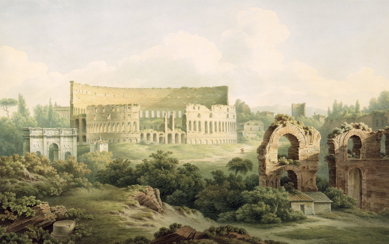 Koloseum, Řím, 1802 (wc nad grafitem na tkaném papíře) od John Warwick Smith