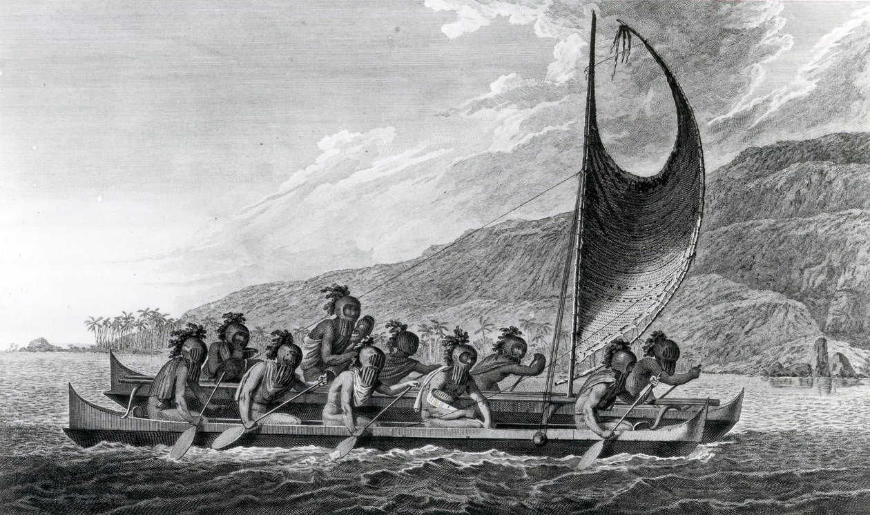 Kanoe ze Sandwichových ostrovů s maskovanými veslaři, 1784 od John Webber