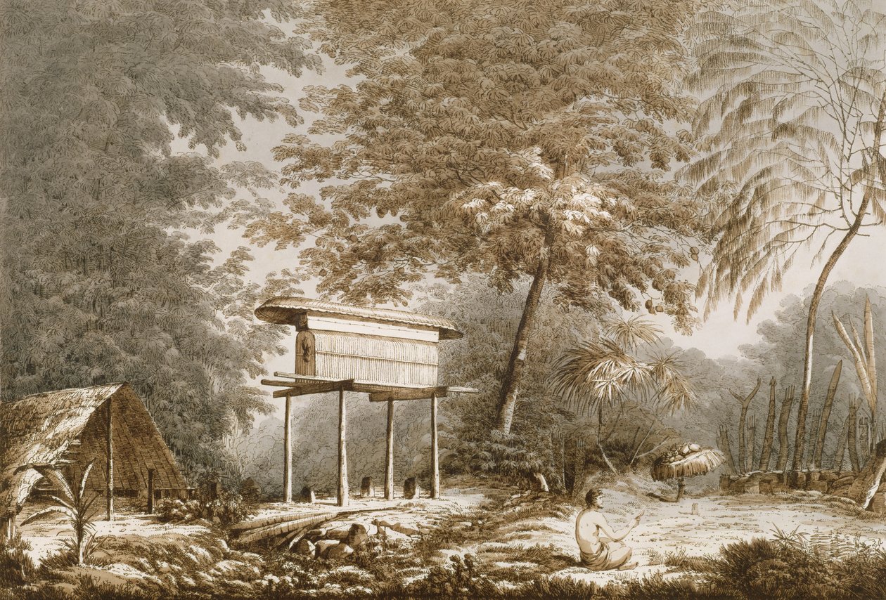 Toopapaoo náčelníka s knězem přinášejícím oběť Morai v Huoheine, z knihy "Pohledy na jižní moře", vyd. 1789 od John Webber