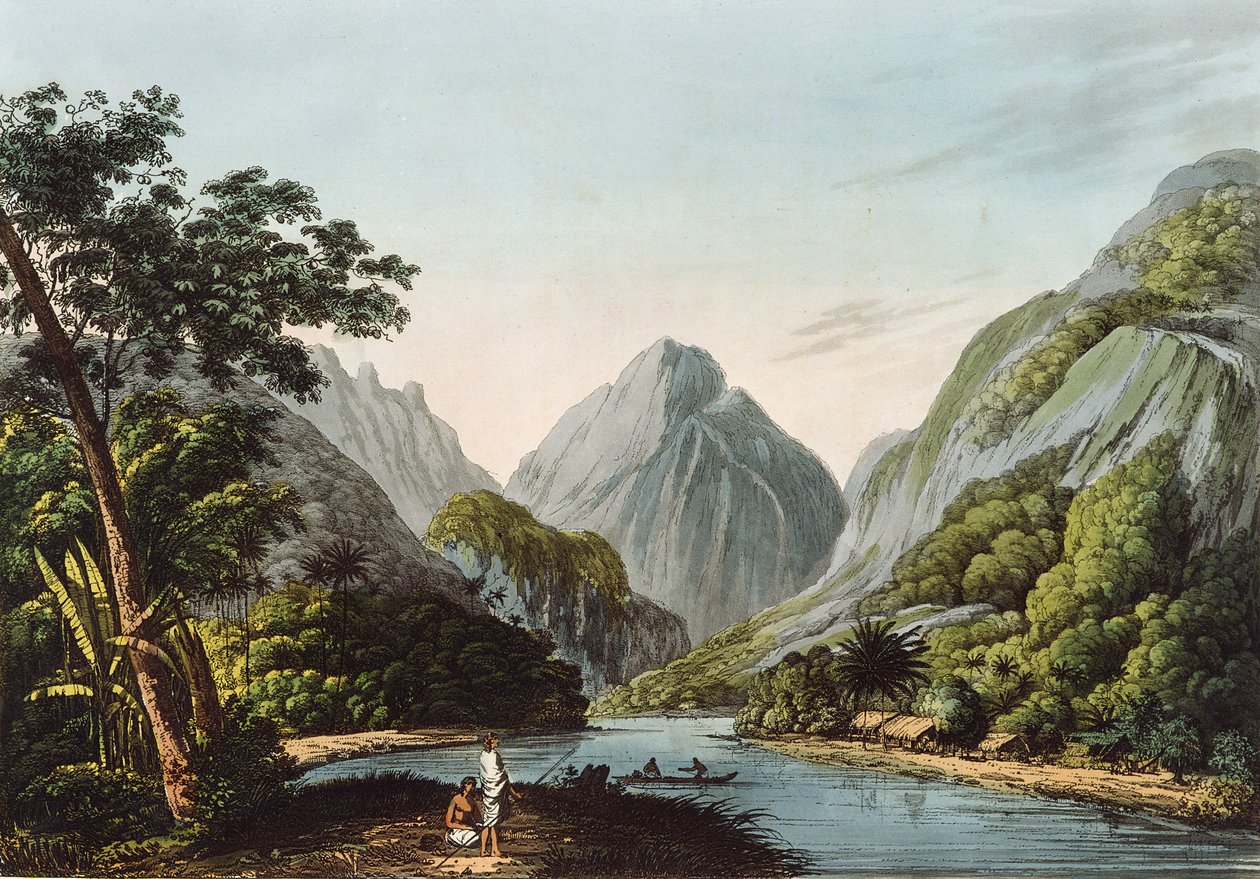 Pohled v zálivu Oheitepha na ostrově Otaheite, z „Poslední plavby kapitána Cooka“, 1809 od John Webber
