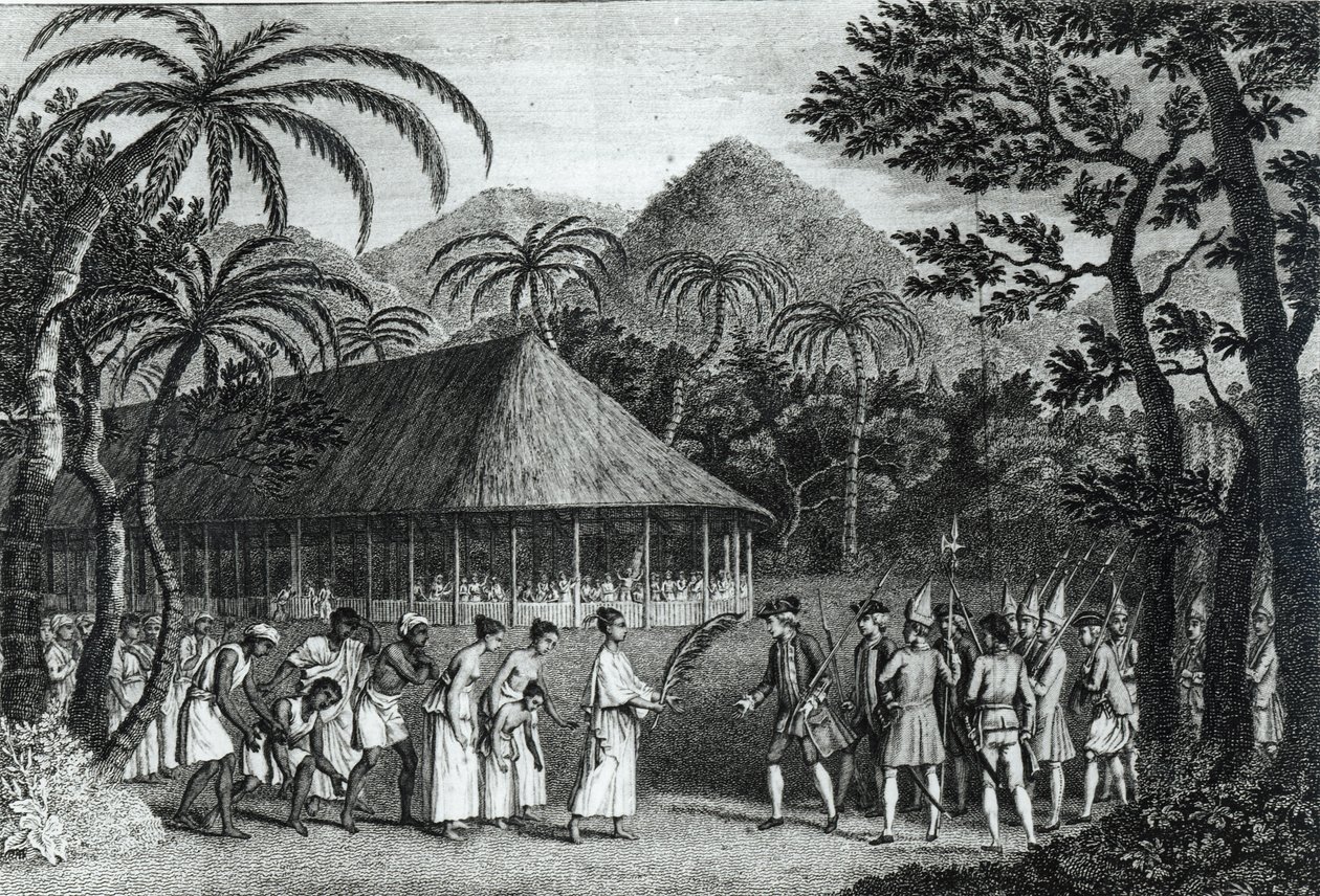 Kapitán Samuel Wallis (1728-1830) přijímaný královnou Obereou na ostrově Tahiti, z „Cesta do Tichého oceánu“ od Jamese Cooka (1728-79), vyryto Johnem Hallem (1739-97) (bw od John Webber