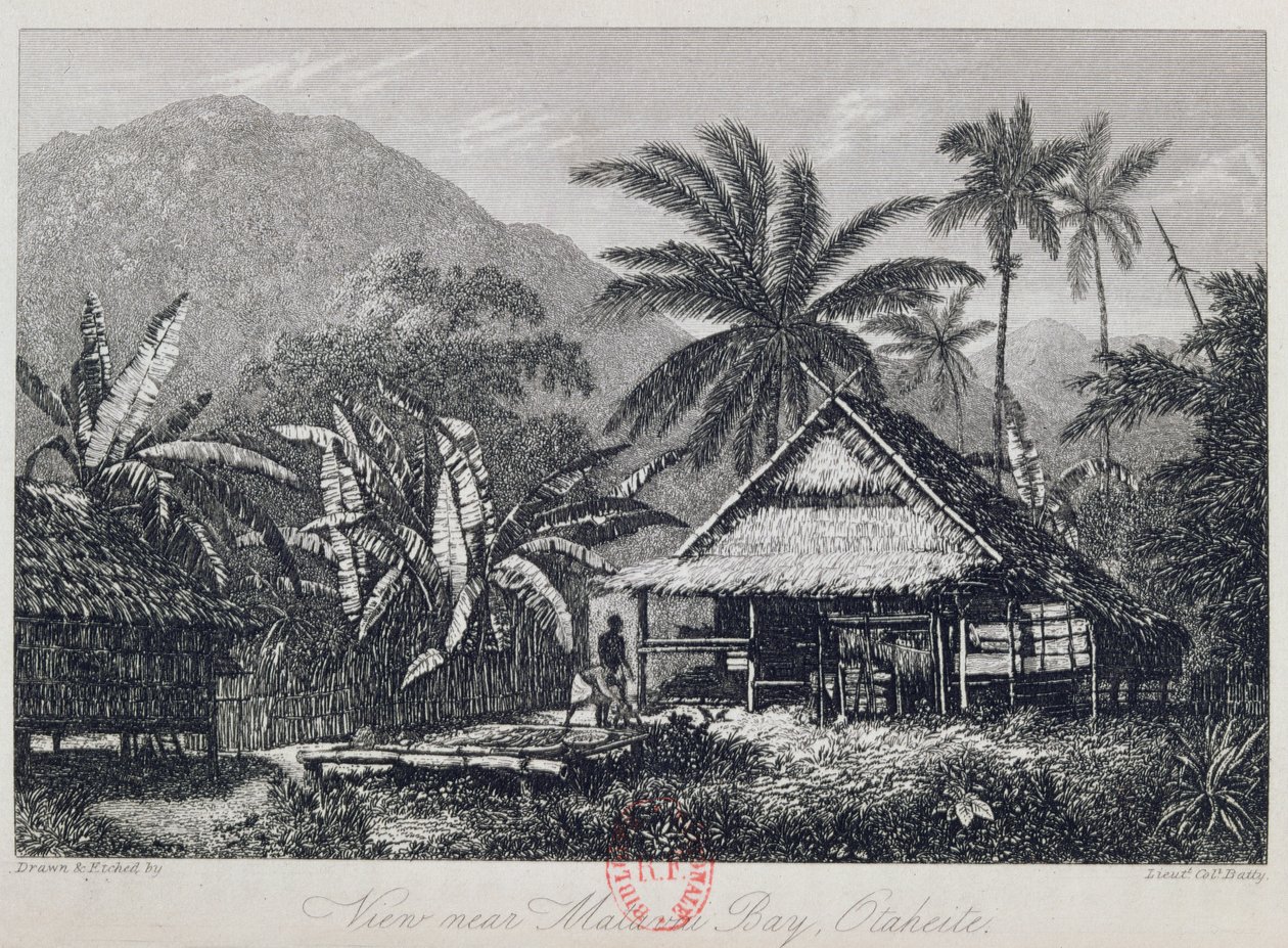 Pohled poblíž zátoky Matavai, Otaheite, vyrytý podplukovníkem Battym, z popisu cesty HMS Bounty od Johna Barrowa, 1835 od John Webber